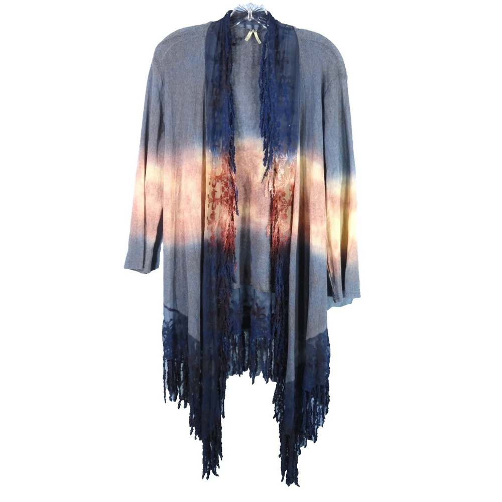 GIMMICKS BKE Blue/Mauve Ombre TOP OPEN KIMONO CARDIGAN Fringe SHEER MESH Lace L